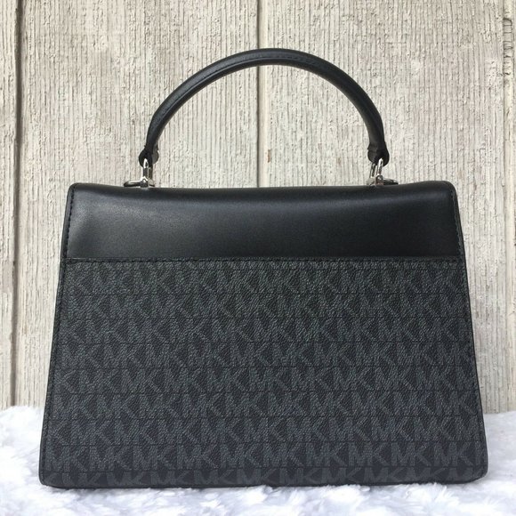 NEW Authentic Michael Kors Sloan Medium Double Flap Leather Satchel Black Blue - Picture 3 of 12